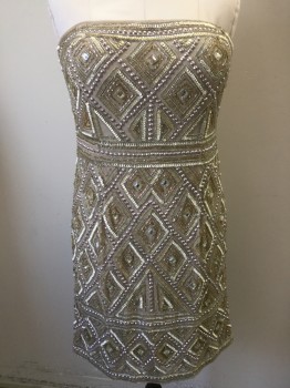 Womens, Cocktail Dress, ADRIANNA PAPELL, Champagne, Lt Beige, Silver, Gold, Beaded, Sequins, Diamonds, Sz. 16, Strapless, Studded, Beaded & Sequins Embellished, Back Zip, Optional Bra Straps Included