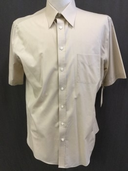 Mens, Dress Shirt, STAFFORD, Beige, Polyester, Cotton, Solid, M, Collar Attached, Button Front, 1 Pocket, Short Sleeves,