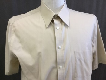 STAFFORD, Beige, Polyester, Cotton, Solid, Collar Attached, Button Front, 1 Pocket, Short Sleeves,