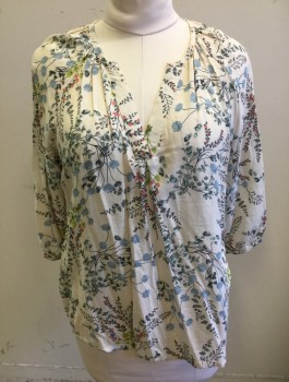 Womens, Blouse, ANNE CARSON, Ecru, Gray, Lt Blue, Lime Green, Pink, Rayon, Floral, L, 3/4 Raglan Sleeves, Round Neck with V Notch, Pullover, Gathered at Neckline