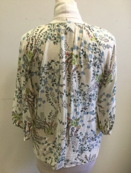 ANNE CARSON, Ecru, Gray, Lt Blue, Lime Green, Pink, Rayon, Floral, 3/4 Raglan Sleeves, Round Neck with V Notch, Pullover, Gathered at Neckline