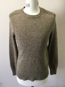 Mens, Pullover Sweater, EDDIE BAUER, Lt Brown, Brown, Cotton, Mottled, S, Ribbed Knit Crew Neck/Waistband/Cuff, Ribbed Knit Yoke/Shoulders