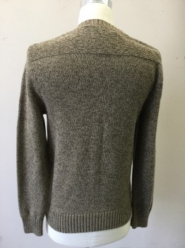Mens, Pullover Sweater, EDDIE BAUER, Lt Brown, Brown, Cotton, Mottled, S, Ribbed Knit Crew Neck/Waistband/Cuff, Ribbed Knit Yoke/Shoulders