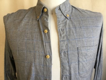 J CREW, Heather Gray, Royal Blue, White, Cotton, Plaid-  Windowpane, Collar Attached, Button Down, Button Front, 1 Pocket, Long Sleeves,