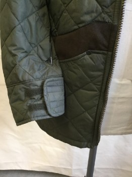Mens, Casual Jacket, BARBOUR, Olive Green, Dk Brown, Nylon, Suede, Color Blocking, M, Olive Quilted, Collar Attached, Zip Front, 2 Pockets Front, and 1 in the Back with Zipper,  Long Sleeves,