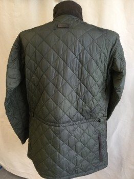 Mens, Casual Jacket, BARBOUR, Olive Green, Dk Brown, Nylon, Suede, Color Blocking, M, Olive Quilted, Collar Attached, Zip Front, 2 Pockets Front, and 1 in the Back with Zipper,  Long Sleeves,