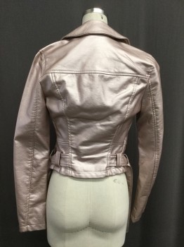 Womens, Leather Jacket, COFFEE SHOP, Lt Pink, Vinyl, Solid, Xs, Metallic, Motorcycle Style Asymmetrical Zip, Belt Loops, Matching Belt Attached