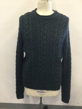 Mens, Pullover Sweater, POLO RALPH LAUREN, Dk Gray, Teal Blue, Black, Acrylic, Wool, Mottled, Cable Knit, XXL, Cableknit, Ribbed Knit Rolled Collar, Crew Neck, Long Sleeves, Ribbed Knit Waistband/Cuff
