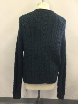 POLO RALPH LAUREN, Dk Gray, Teal Blue, Black, Acrylic, Wool, Mottled, Cable Knit, Cableknit, Ribbed Knit Rolled Collar, Crew Neck, Long Sleeves, Ribbed Knit Waistband/Cuff