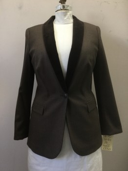 Womens, Suit, Jacket, ESCADA, Brown, Wool, Heathered, Solid, B 40 , Heather Brown, Brown Velvet Shawl Lapel, 1 Button, 2 Pockets,
