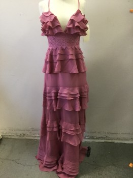 TRUE DECADENCE, Mauve Pink, Polyester, Solid, Polyester/chiffon,Mauve Pink,Spaghetti Straps W/sweetheart Neckline, Ruffle Bust, Floral Lace Waist, 4 Multi Ruffle Tiers, CB Zipper
