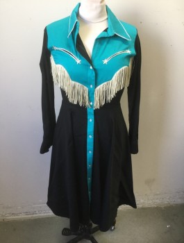 Womens, Dress, Long & 3/4 Sleeve, PONY TALES, Black, Turquoise Blue, Cream, Silver, Cotton, Spandex, Solid, Color Blocking, W:28, B:36, Western Wear, Black with Turquoise Yoke, Collar, and Button Placket, Snap Front, Cream Fringe at Edge of Yoke, Silver Metallic Piping, 2 Welt Pockets at Bust, Circle Skirt, Knee Length