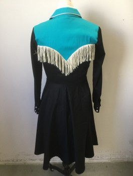 Womens, Dress, Long & 3/4 Sleeve, PONY TALES, Black, Turquoise Blue, Cream, Silver, Cotton, Spandex, Solid, Color Blocking, W:28, B:36, Western Wear, Black with Turquoise Yoke, Collar, and Button Placket, Snap Front, Cream Fringe at Edge of Yoke, Silver Metallic Piping, 2 Welt Pockets at Bust, Circle Skirt, Knee Length
