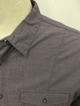 JOHN VARVATOS, Aubergine Purple, Cotton, Birds Eye Weave, Button Front, Collar Attached, Long Sleeves, 2 Flap Pockets