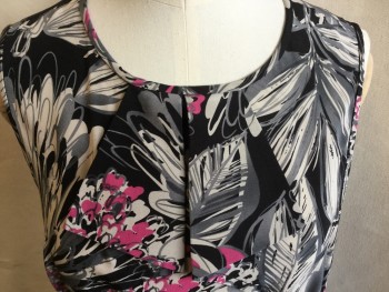 TRINA TURK, Black, Warm Gray, Pink, Beige, Silk, Floral, Leaves/Vines , Round Neck,  with Attached Bow Cut-out Like, Sleeveless, Key Hole Back with 1 Black Button, Side Zip & Side Split Hem