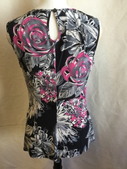 TRINA TURK, Black, Warm Gray, Pink, Beige, Silk, Floral, Leaves/Vines , Round Neck,  with Attached Bow Cut-out Like, Sleeveless, Key Hole Back with 1 Black Button, Side Zip & Side Split Hem