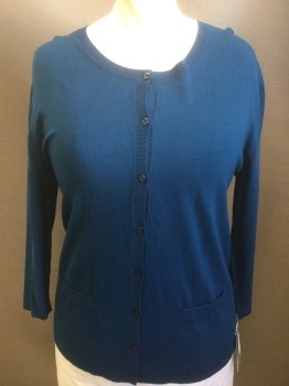 SUSINA, Teal Blue, Viscose, Nylon, Solid, Button Front, Long Sleeves, 2 Faux Pockets,