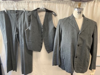 SIAM COSTUMES, Gray, Black, Wool, Herringbone, 3 Button Front, Notched Lapel, 3 Pockets,