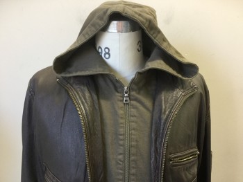 Mens, Leather Jacket, DANIER, Dk Brown, Olive Green, Leather, Cotton, Solid, S, Dark Brown Leather, with Brown Lining, Collar Attached, 4 Pockets, 1 Pocket on Long Sleeves, Olive Hood & Inside Front Placket, Double Zip Front,