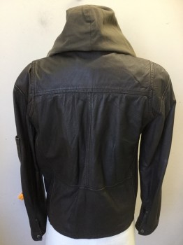 Mens, Leather Jacket, DANIER, Dk Brown, Olive Green, Leather, Cotton, Solid, S, Dark Brown Leather, with Brown Lining, Collar Attached, 4 Pockets, 1 Pocket on Long Sleeves, Olive Hood & Inside Front Placket, Double Zip Front,