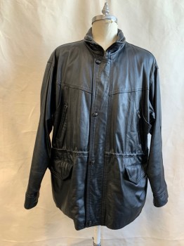 Mens, Leather Jacket, LEATHER RANCH, Black, Leather, Solid, XXL, Hip Length, Zip Front with Snap Placket, Stand Collar, 4 Pockets, Interior Drawstring Waist, Long Sleeves, Closed Cuff
