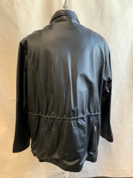 Mens, Leather Jacket, LEATHER RANCH, Black, Leather, Solid, XXL, Hip Length, Zip Front with Snap Placket, Stand Collar, 4 Pockets, Interior Drawstring Waist, Long Sleeves, Closed Cuff