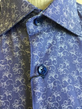 BERTIGO, Lavender Purple, Silver, Cotton, Floral, Novelty Pattern, Collar Attached, Navy Button Front, Long Sleeves,
