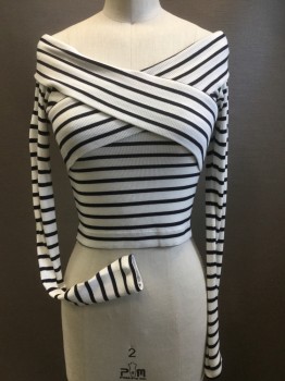 TOP SHOP, Ivory White, Navy Blue, Cotton, Polyester, Stripes - Horizontal , Long Sleeves, Wrap Across Bust, Wide Neck