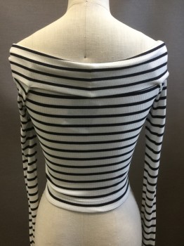 TOP SHOP, Ivory White, Navy Blue, Cotton, Polyester, Stripes - Horizontal , Long Sleeves, Wrap Across Bust, Wide Neck