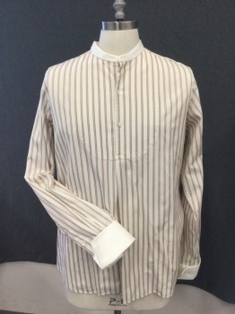 VENICE CUSTOM SHIRTS, Cream, Brown, Cotton, Stripes, Cream Contrasting Collar Band, Long Sleeves, 2 Button Placket, French Cuff, Small Bib Front Detail, Multiples, Made To Order