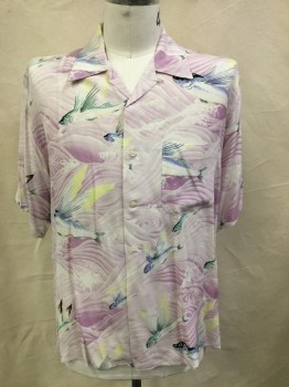 CALVIN KLEIN, Lavender Purple, Black, Blue, Yellow, White, Rayon, Hawaiian Print, Novelty Pattern, Button Front, Short Sleeves, Collar Attached, 1 Pocket, Button Loop, Vintage Looking Flying Fish in Purple Waves