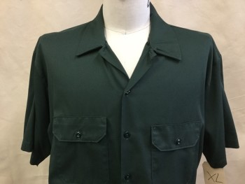 Mens, Casual Shirt, DICKIES, Green, Polyester, Cotton, Solid, XL, Green Work Shirt, Collar Attached, Button Front, 2 Pockets with Flap, Short Sleeves, Triple,