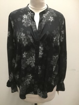 ANN TAYLOR, Black, Dk Gray, Lt Gray, Polyester, Floral, Band Collar, Button Front, Long Sleeves with Tie Ruffle Cuffs