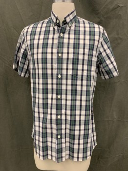 NORDSTROM, White, Navy Blue, Green, Yellow, Cotton, Plaid, Button Front, Collar Attached, Short Sleeves, Left Chest Pocket