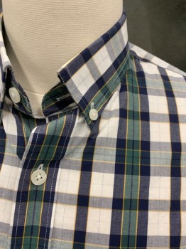 NORDSTROM, White, Navy Blue, Green, Yellow, Cotton, Plaid, Button Front, Collar Attached, Short Sleeves, Left Chest Pocket