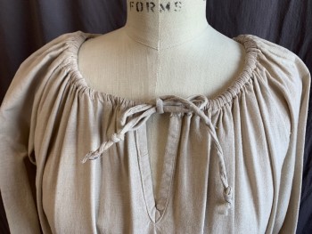 Womens, Historical Fiction Dress, N/L, Beige, Cotton, Solid, S, Peasant Dress, Round V Neck with Self D-string, Raglan 3/4 Sleeves with Elastic Closure, D-string Waist, Ruffle Hem