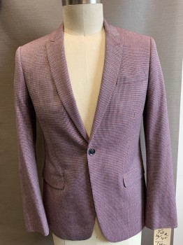 TOPMAN, Red Burgundy, Lt Pink, Black, Polyester, Viscose, Houndstooth, Micro Houndstooth, 1 Button Front, Peaked Lapel, 3 Pockets,