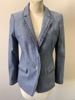 Womens, Blazer, J.CREW, Denim Blue, Cotton, 2 Color Weave, Sz.2, Chambray, Single Breasted, Rounded Notched Lapel, Self Ruffled Edges, 2 Buttons, 2 Pockets, Lightly Padded Shoulders, Lining is Blue/White Stripes