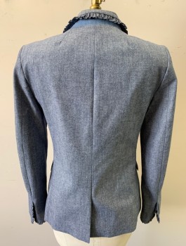 Womens, Blazer, J.CREW, Denim Blue, Cotton, 2 Color Weave, Sz.2, Chambray, Single Breasted, Rounded Notched Lapel, Self Ruffled Edges, 2 Buttons, 2 Pockets, Lightly Padded Shoulders, Lining is Blue/White Stripes