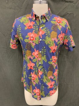 Mens, Hawaiian Shirt, BONOBOS, Blue, Pink, Green, Red, White, Cotton, Tropical , S, Flowers and Pineapples, Button Front, Collar Attached, Short Sleeves, Multiple