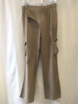 NO LABEL, Khaki Brown, Cotton, Synthetic, Solid, Cargo Pockets, Pleated Waist, Aged, Elastic Waist Detail