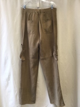 NO LABEL, Khaki Brown, Cotton, Synthetic, Solid, Cargo Pockets, Pleated Waist, Aged, Elastic Waist Detail