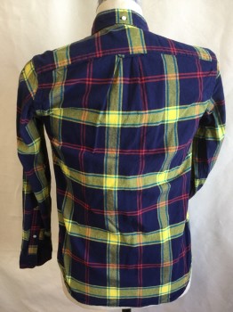 J.CREW, Navy Blue, Red, Yellow, Teal Blue, Cotton, Plaid, Plaid-  Windowpane, Collar Attached, Button Down, 1 Pocket, Long Sleeves, Curved Hem