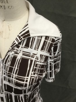 N/L, Dk Brown, White, Polyester, Abstract , Abstract Grid, 3/4 Zip Front, Solid White Collar Attached, Short Sleeves, Knee Length