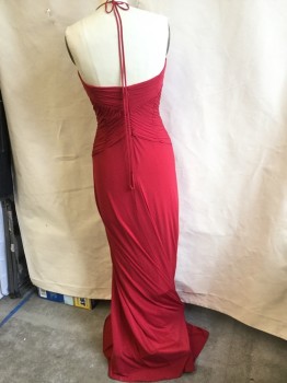 Womens, Evening Gown, LAUNDRY, Red, Acetate, Nylon, Solid, 4, Gathered Braid Front Detail Work Upper Bodice, Spaghetti Halter, Zip Back,