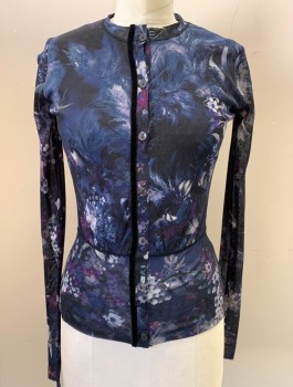 FUZZI, Black, Plum Purple, Navy Blue, White, Dove Gray, Polyamide, Floral, Animals, 2 Layered Netting, Long Sleeved, Form Fitting, 7 Button, Bottom 4 Buttons Sewn Shut, Collarless, with Velvet Trim Along Button Seam
