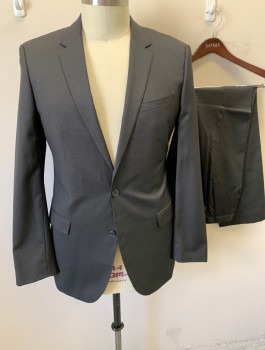 Mens, Suit, Jacket, HUGO BOSS, Smoky Black, Wool, Solid, 44L, Single Breasted, Notched Lapel, 2 Buttons, 3 Pockets, Hand Picked Stitching on Lapel and Pockets