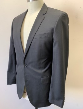 Mens, Suit, Jacket, HUGO BOSS, Smoky Black, Wool, Solid, 44L, Single Breasted, Notched Lapel, 2 Buttons, 3 Pockets, Hand Picked Stitching on Lapel and Pockets