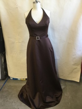 Womens, Evening Gown, DA VINCI, Dk Brown, Polyester, Acetate, Solid, Sz.12, Satin, Halter Spaghetti Straps, V-neck,  1-1/4" Self Attached Belt with Square Rhinestoned Buckle, Zip Back (there is a Clear Spot Above the Belt- in the Back)