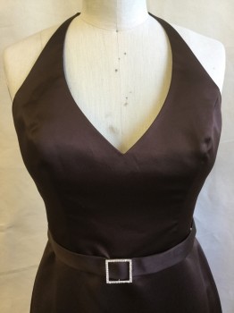 Womens, Evening Gown, DA VINCI, Dk Brown, Polyester, Acetate, Solid, Sz.12, Satin, Halter Spaghetti Straps, V-neck,  1-1/4" Self Attached Belt with Square Rhinestoned Buckle, Zip Back (there is a Clear Spot Above the Belt- in the Back)